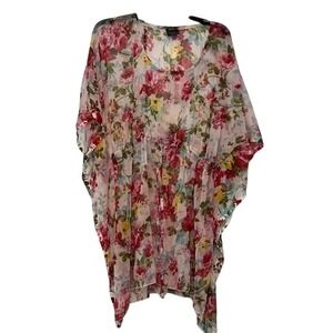 Sunflower Sheer Floral Tunic Red Pink Green Boho Resortwear Free Size Womens Top